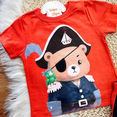  Conj. Camiseta Ursinho Pirata e Bermuda - Laranja e Marinho